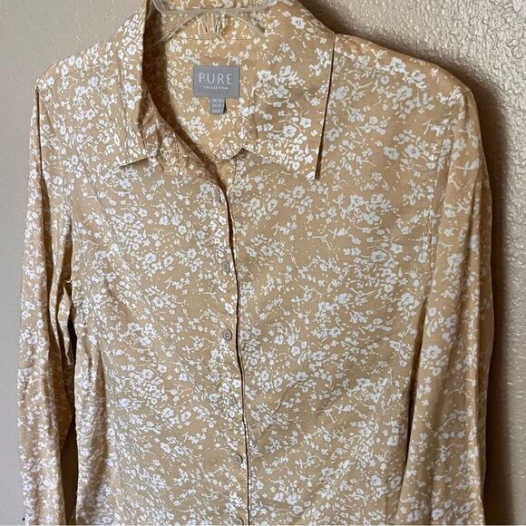 Pure Collection Cotton Tan/White Floral Long Sleeve Button Front Shirt Size 12 - Picture 4 of 9